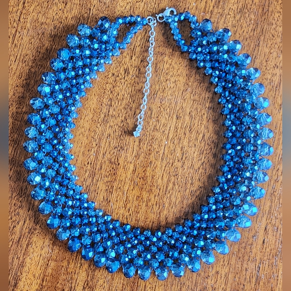 Choker collar statement blue beaded web necklace with silver-tone extender
